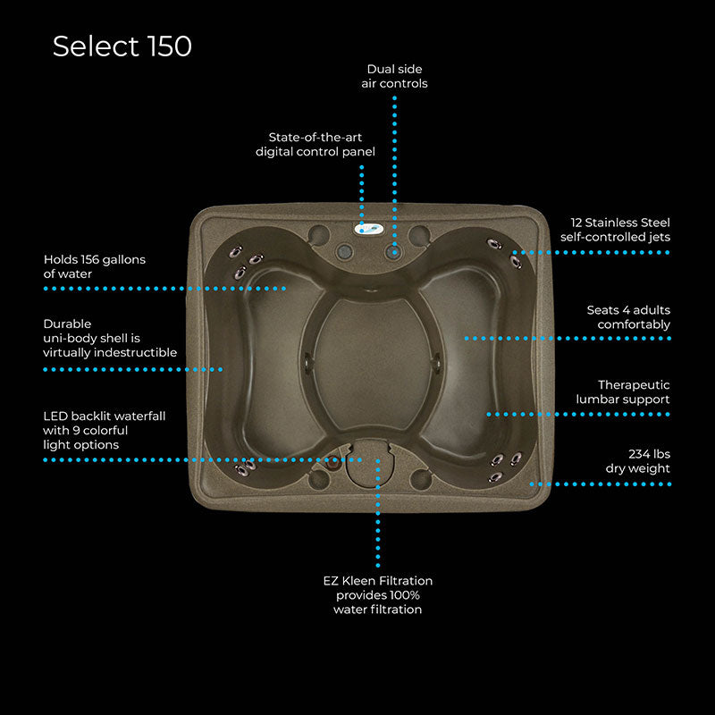 A Select 150 4-Person Plug and Play with 12 Stainless Jets and LED Waterfall by AquaRest Spas