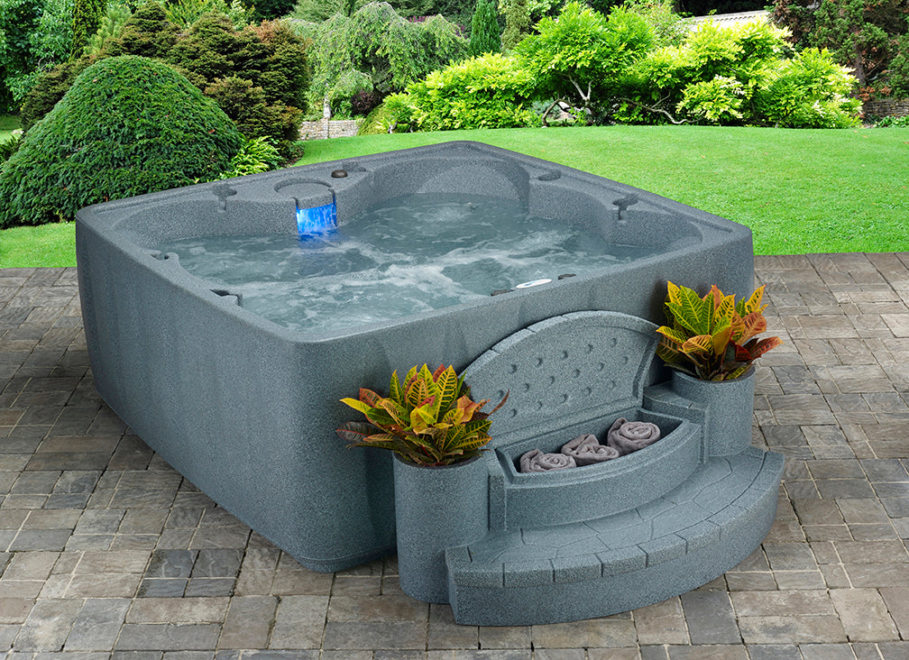 A Premium 600 6-Person Plug and Play with 29 Stainless Jets, Ozone, and LED Waterfall by AquaRest Spas