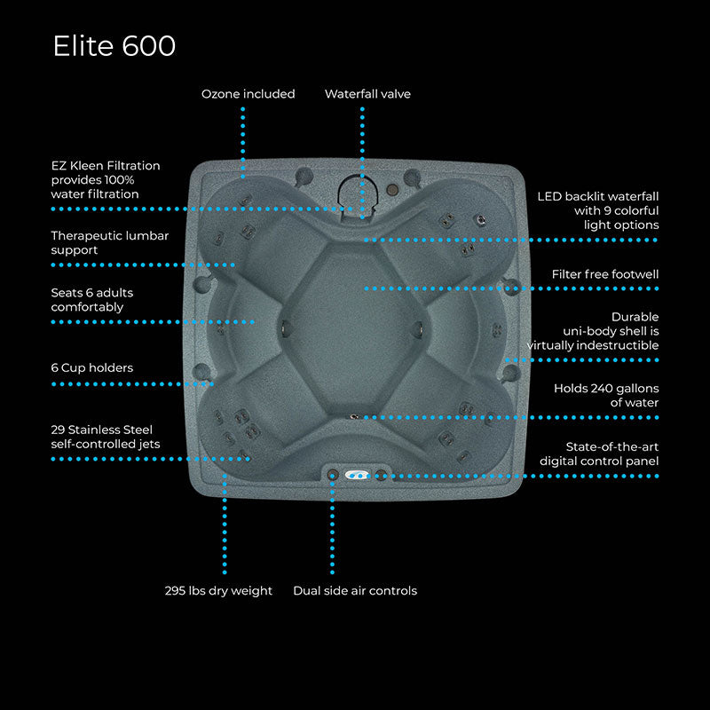 A Premium 600 6-Person Plug and Play with 29 Stainless Jets, Ozone, and LED Waterfall by AquaRest Spas