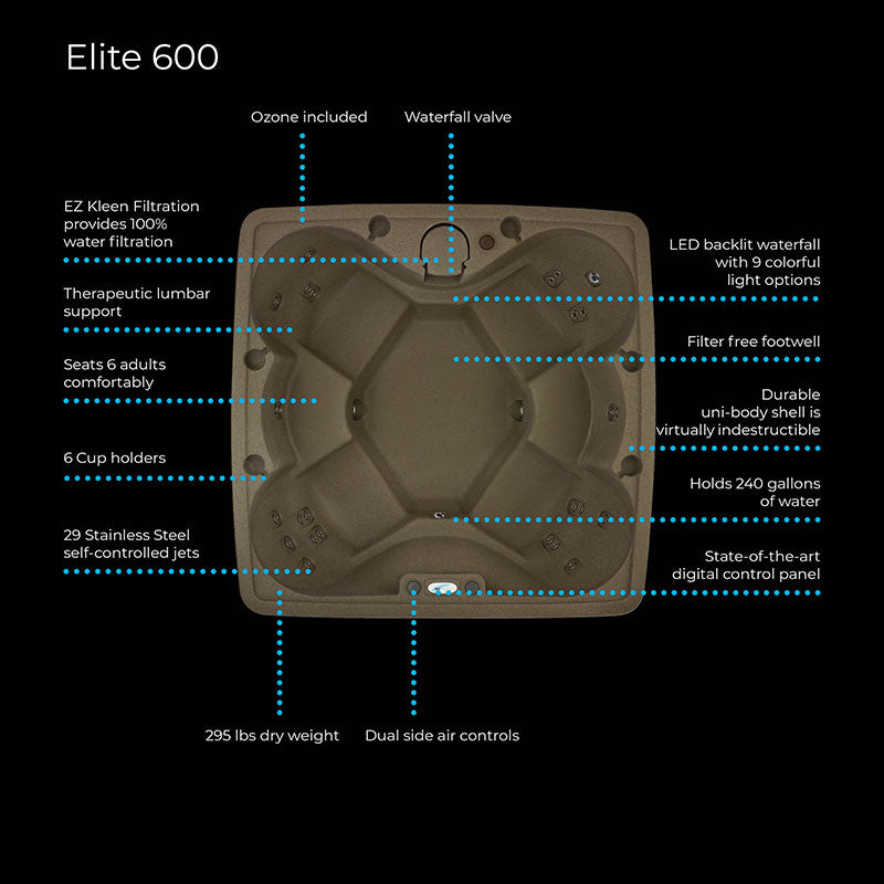 A Premium 600 6-Person Plug and Play with 29 Stainless Jets, Ozone, and LED Waterfall by AquaRest Spas